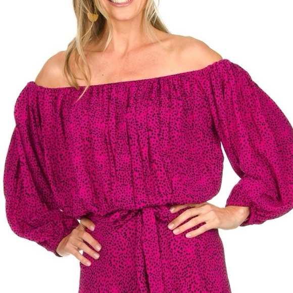 BEACHGOLD Tops - Beachgold Poppy Pink Black Polka Dot One Shoulder Blouse